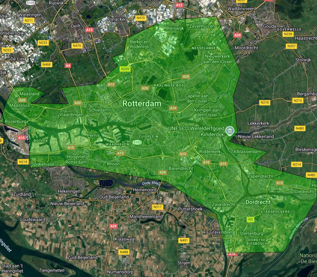 Plattegrond-Rotterdam-Rijnmond-Werkgebied Werkgebied aannemer Rotterdam-Rijnmond